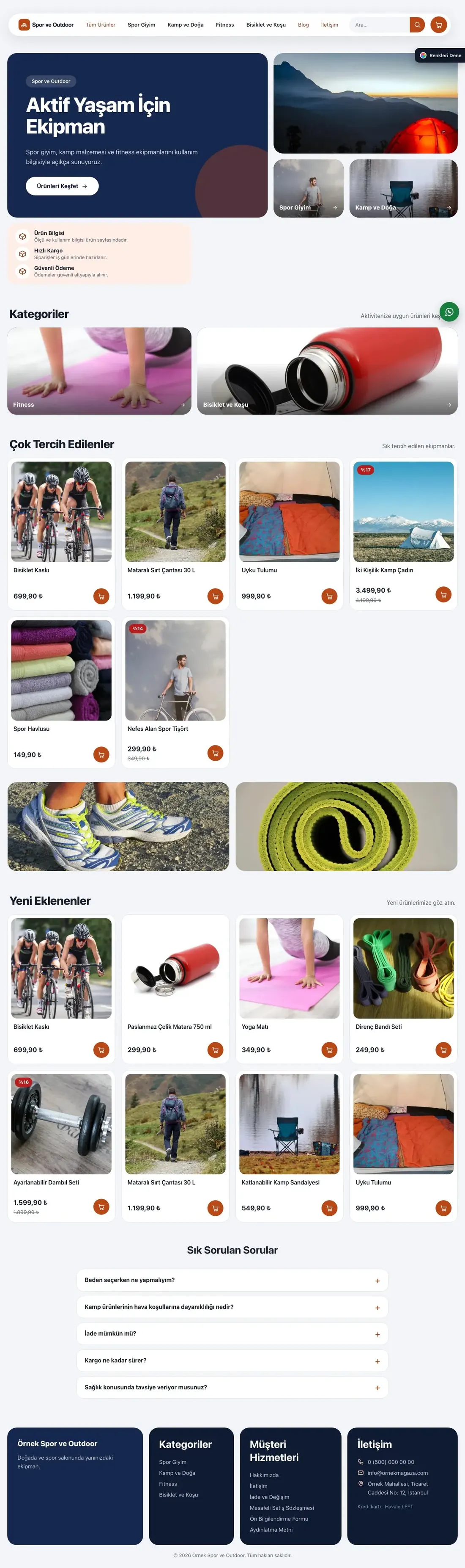 Spor ve Outdoor için Bento Mavi Turuncu – Spor ve Outdoor E-ticaret Sitesi ana sayfa görünümü