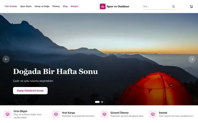 Butik Mor Pembe – Spor ve Outdoor E-ticaret Sitesi ana sayfa görünümü