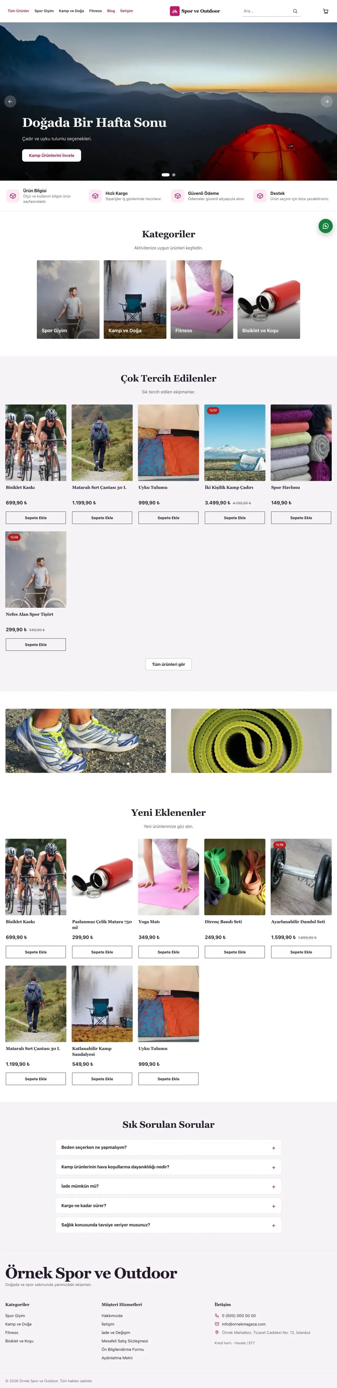 Butik Mor Pembe – Spor ve Outdoor E-ticaret Sitesi ana sayfa görünümü