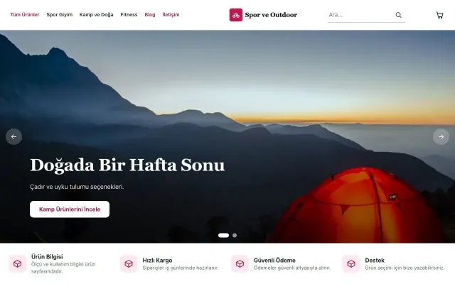 Butik Yeşil Pembe – Spor ve Outdoor E-ticaret Sitesi ana sayfa görünümü