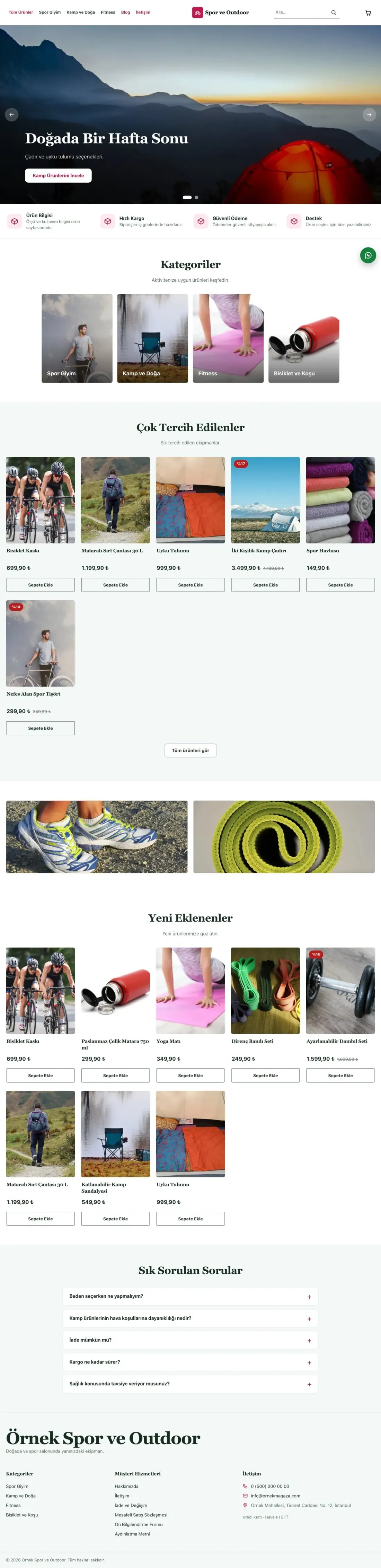 Butik Yeşil Pembe – Spor ve Outdoor E-ticaret Sitesi ana sayfa görünümü