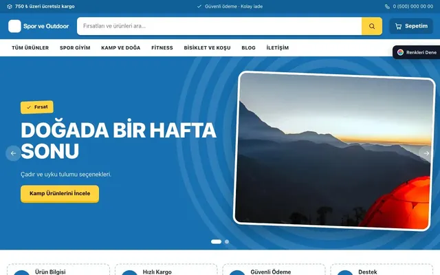 Spor ve Outdoor için Kampanya Petrol Mavi – Spor ve Outdoor E-ticaret Sitesi ana sayfa görünümü
