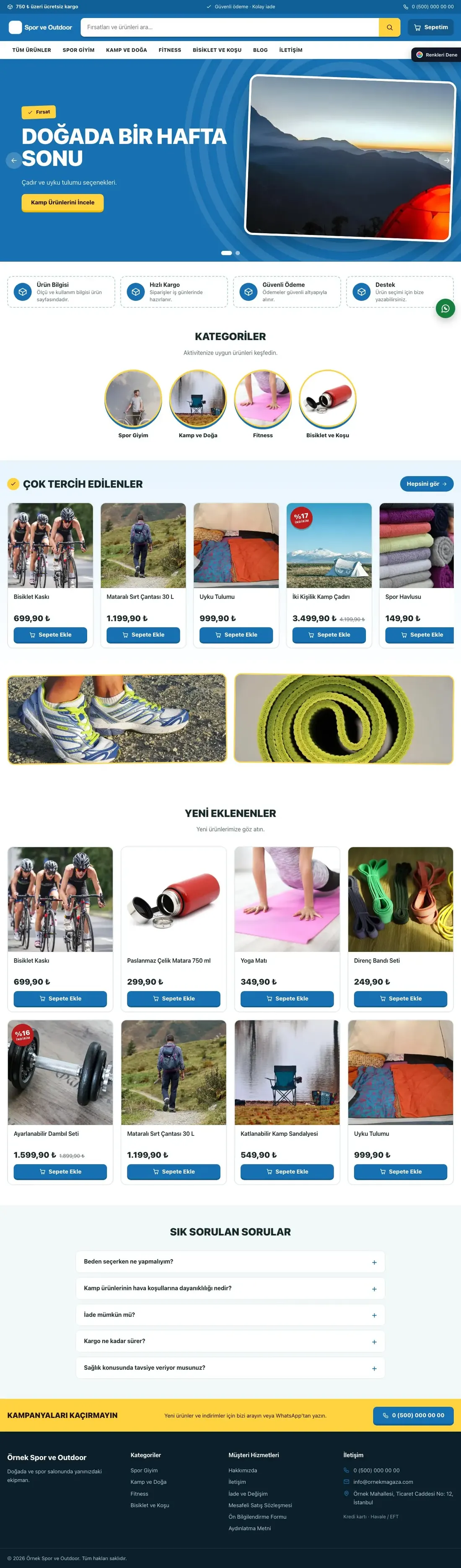 Spor ve Outdoor için Kampanya Petrol Mavi – Spor ve Outdoor E-ticaret Sitesi ana sayfa görünümü