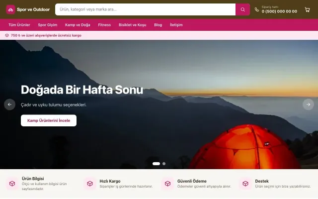 Market Kahve Pembe – Spor ve Outdoor E-ticaret Sitesi ana sayfa görünümü