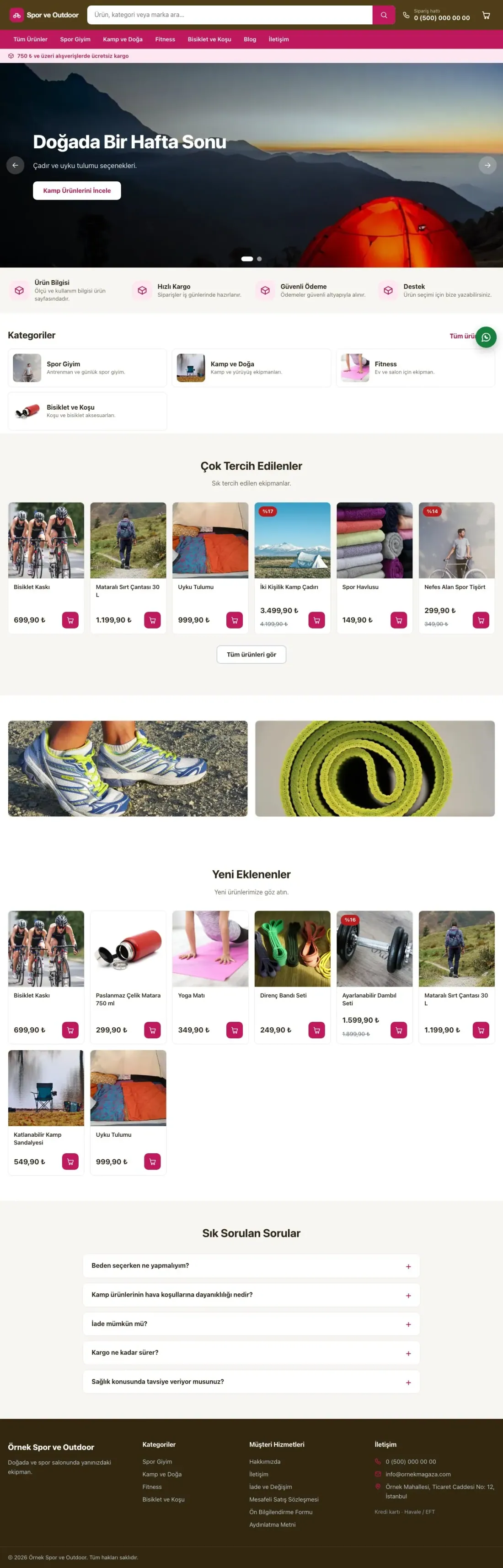 Market Kahve Pembe – Spor ve Outdoor E-ticaret Sitesi ana sayfa görünümü