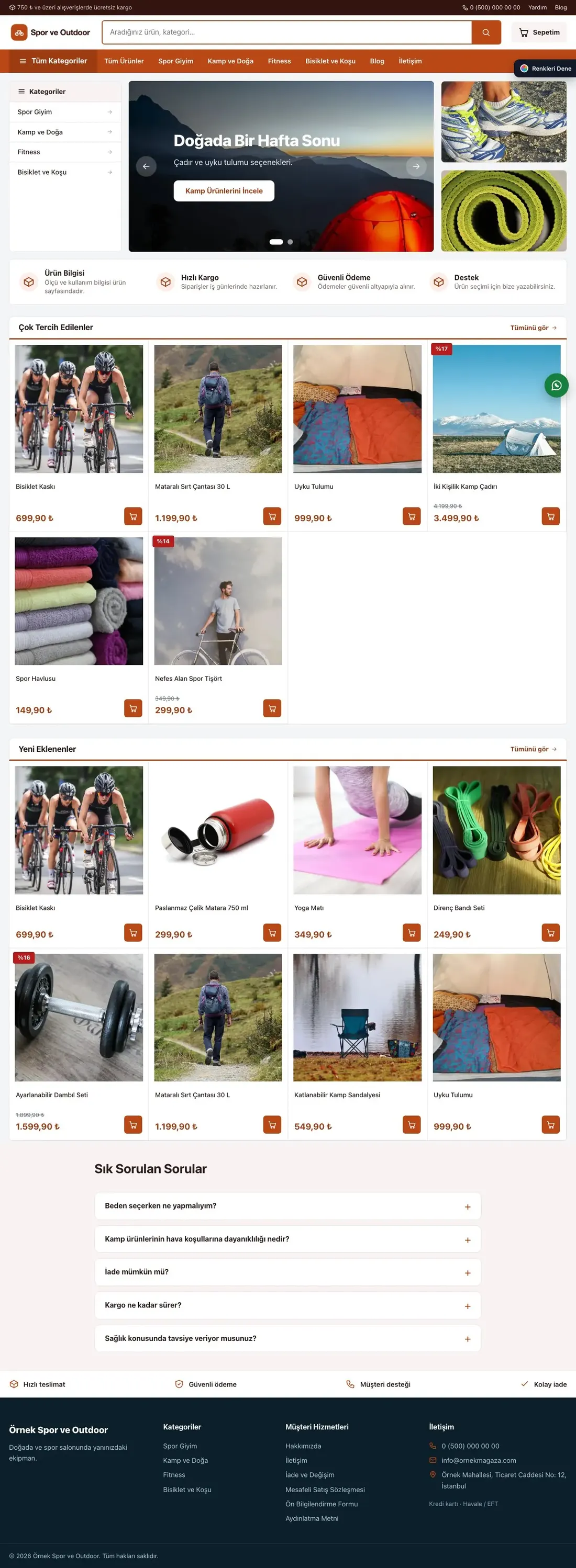Spor ve Outdoor için Pazar Yeri Bordo Turuncu – Spor ve Outdoor E-ticaret Sitesi ana sayfa görünümü