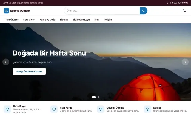 Vitrin Bordo Mavi – Spor ve Outdoor E-ticaret Sitesi ana sayfa görünümü