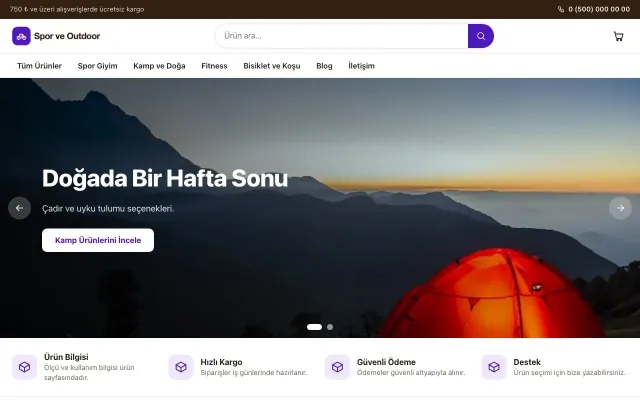Vitrin Kahve Mor – Spor ve Outdoor E-ticaret Sitesi ana sayfa görünümü