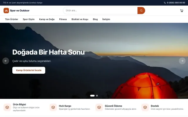 Vitrin Mavi Turuncu – Spor ve Outdoor E-ticaret Sitesi ana sayfa görünümü