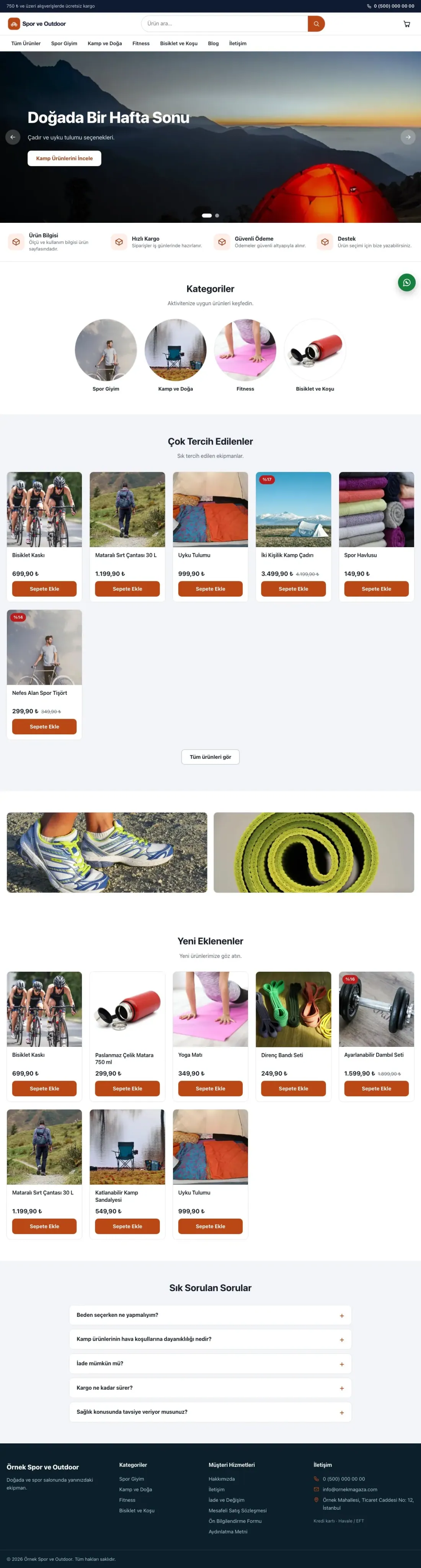 Vitrin Mavi Turuncu – Spor ve Outdoor E-ticaret Sitesi ana sayfa görünümü