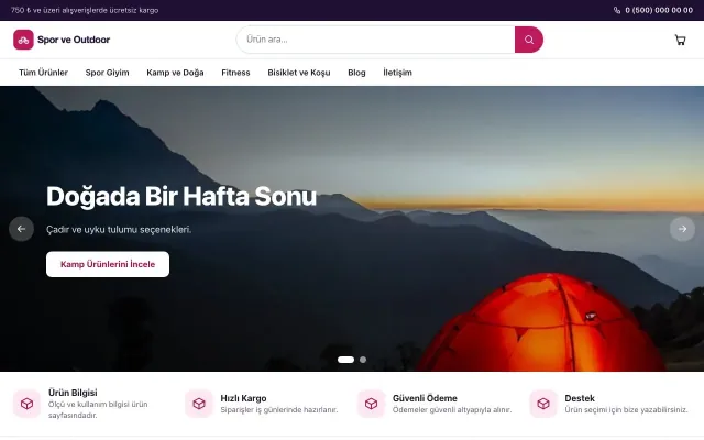 Vitrin Mor Pembe – Spor ve Outdoor E-ticaret Sitesi ana sayfa görünümü
