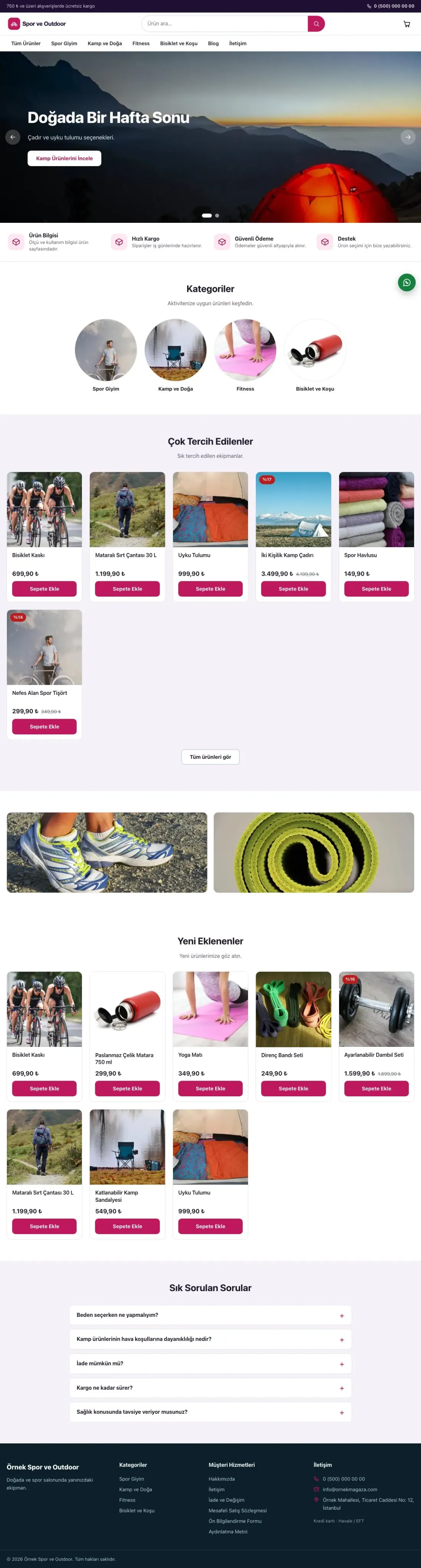Vitrin Mor Pembe – Spor ve Outdoor E-ticaret Sitesi ana sayfa görünümü