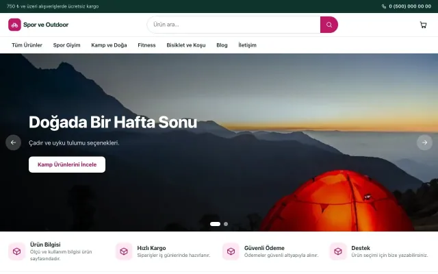 Vitrin Petrol Pembe – Spor ve Outdoor E-ticaret Sitesi ana sayfa görünümü