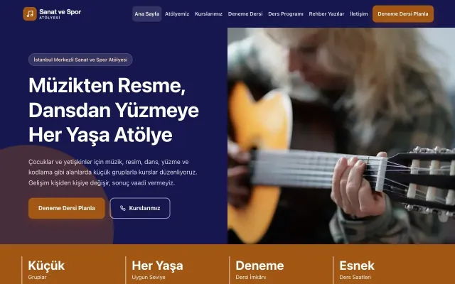 Blok Lacivert Turuncu – Spor ve Sanat Kursu Web Sitesi ana sayfa görünümü