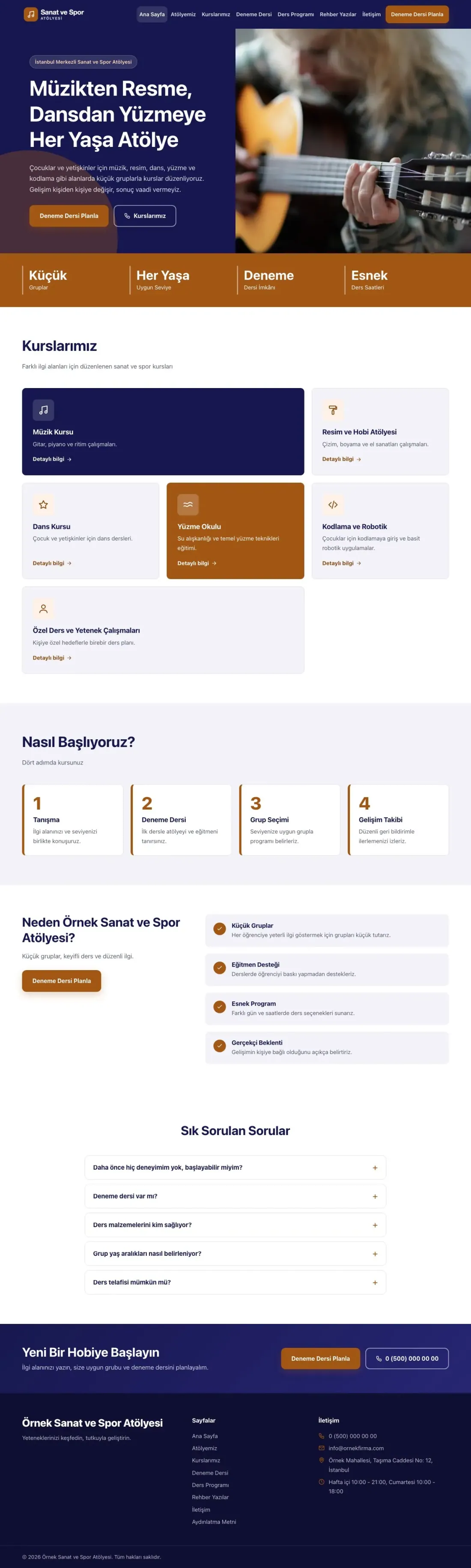 Blok Lacivert Turuncu – Spor ve Sanat Kursu Web Sitesi ana sayfa görünümü