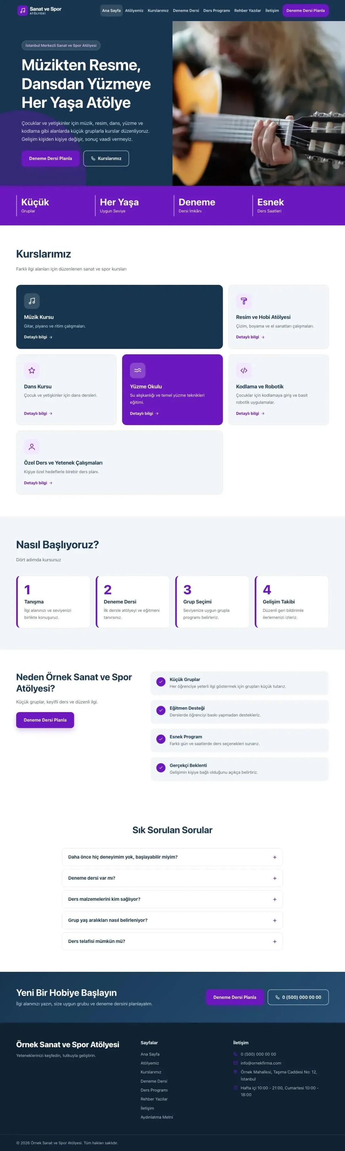 Blok Mavi Mor – Spor ve Sanat Kursu Web Sitesi ana sayfa görünümü