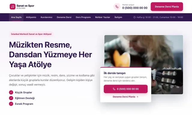 Bölünmüş Mor Pembe – Spor ve Sanat Kursu Web Sitesi ana sayfa görünümü