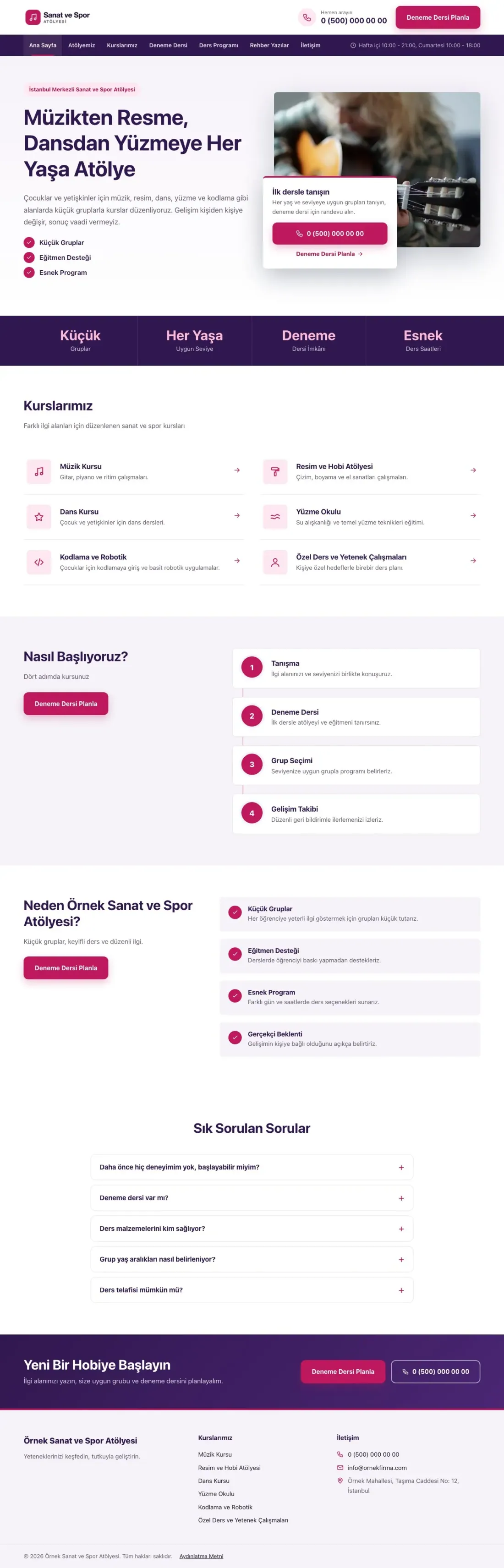 Bölünmüş Mor Pembe – Spor ve Sanat Kursu Web Sitesi ana sayfa görünümü