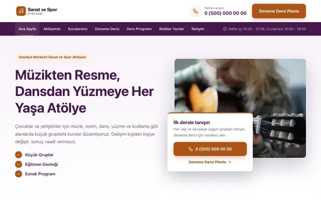 Bölünmüş Mor Turuncu – Spor ve Sanat Kursu Web Sitesi ana sayfa görünümü