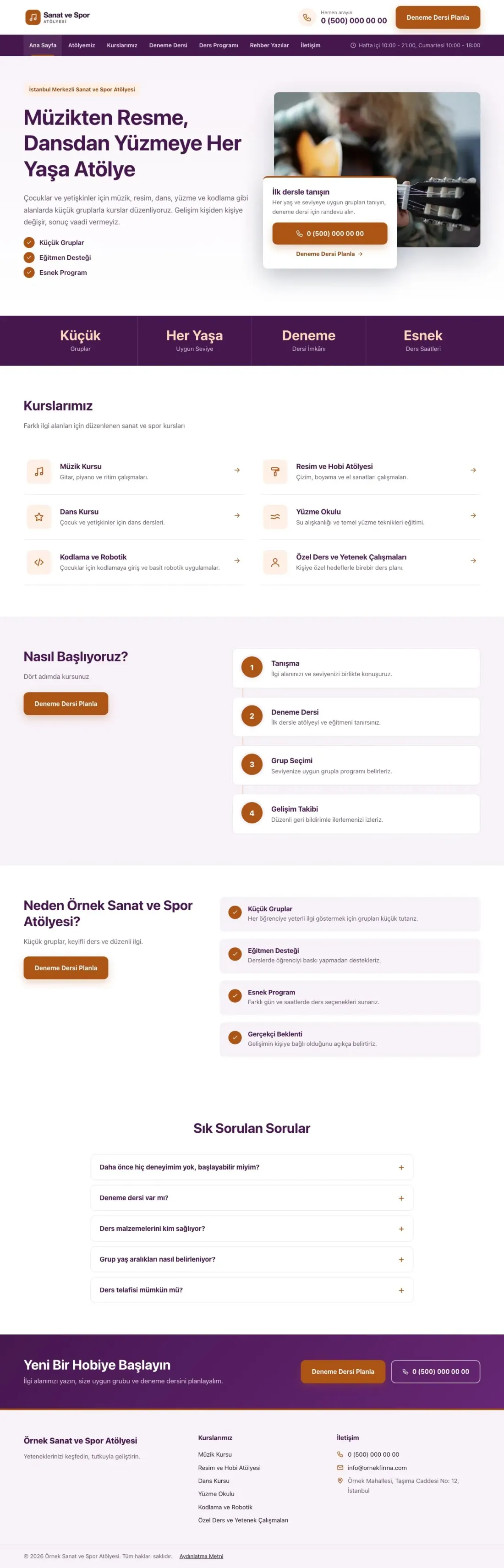 Bölünmüş Mor Turuncu – Spor ve Sanat Kursu Web Sitesi ana sayfa görünümü