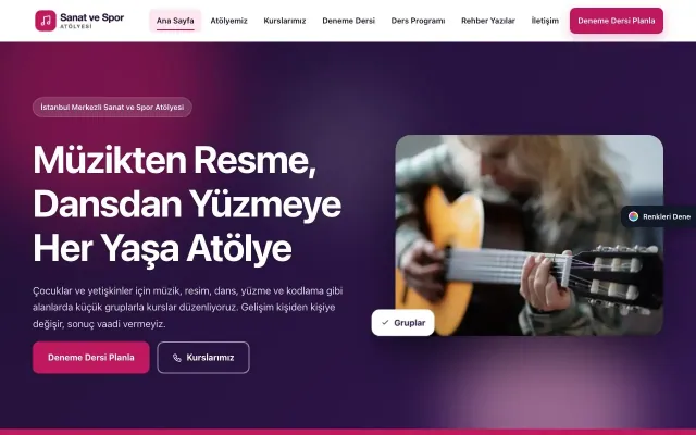 Spor ve Sanat Kursu için Hareketli Mor Pembe – Spor ve Sanat Kursu Web Sitesi ana sayfa görünümü