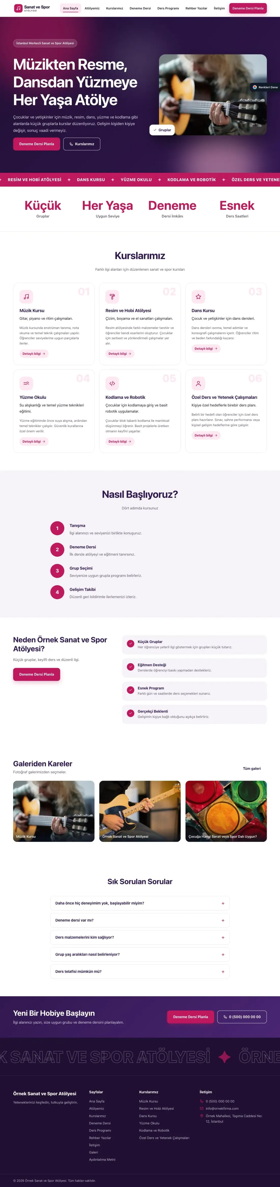 Spor ve Sanat Kursu için Hareketli Mor Pembe – Spor ve Sanat Kursu Web Sitesi ana sayfa görünümü