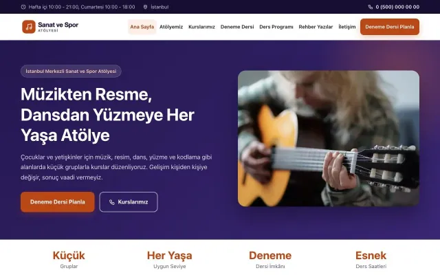 Klasik Lacivert Turuncu – Spor ve Sanat Kursu Web Sitesi ana sayfa görünümü