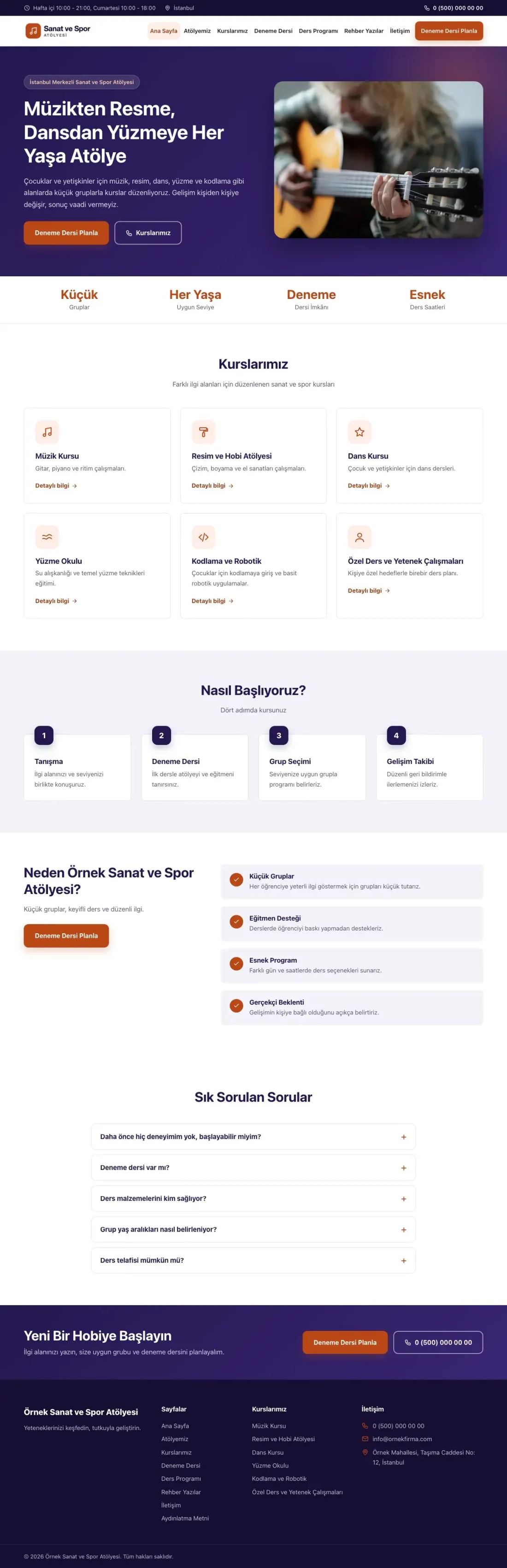 Klasik Lacivert Turuncu – Spor ve Sanat Kursu Web Sitesi ana sayfa görünümü