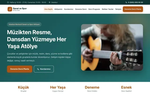 Klasik Petrol Turuncu – Spor ve Sanat Kursu Web Sitesi ana sayfa görünümü