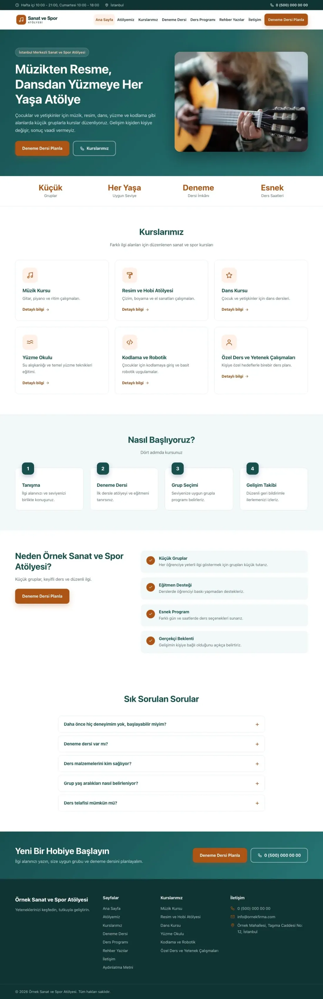 Klasik Petrol Turuncu – Spor ve Sanat Kursu Web Sitesi ana sayfa görünümü