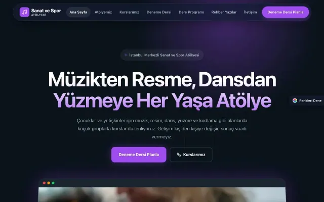 Spor ve Sanat Kursu için Koyu Modern Mavi Mor – Spor ve Sanat Kursu Web Sitesi ana sayfa görünümü