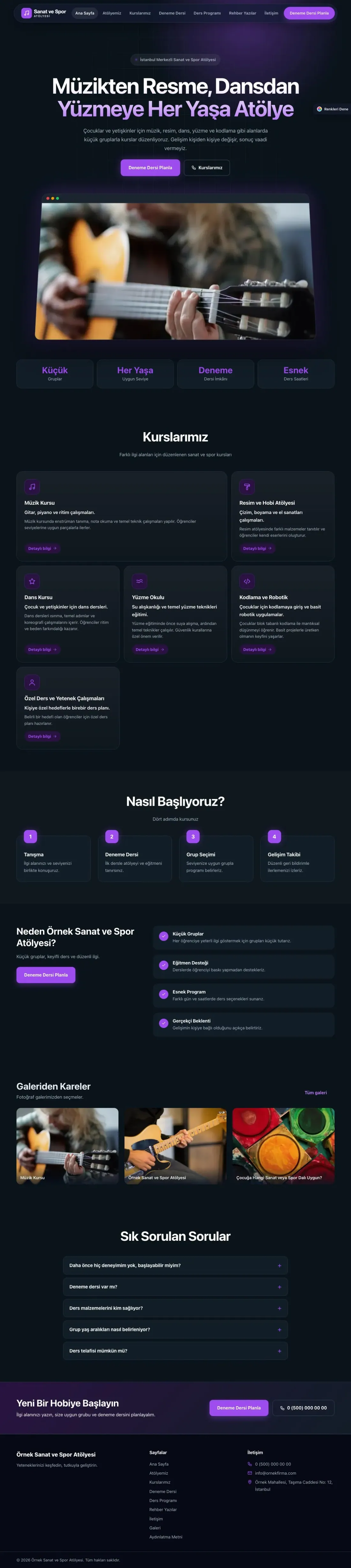 Spor ve Sanat Kursu için Koyu Modern Mavi Mor – Spor ve Sanat Kursu Web Sitesi ana sayfa görünümü