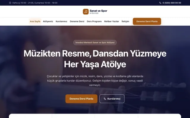Merkez Lacivert Turuncu – Spor ve Sanat Kursu Web Sitesi ana sayfa görünümü
