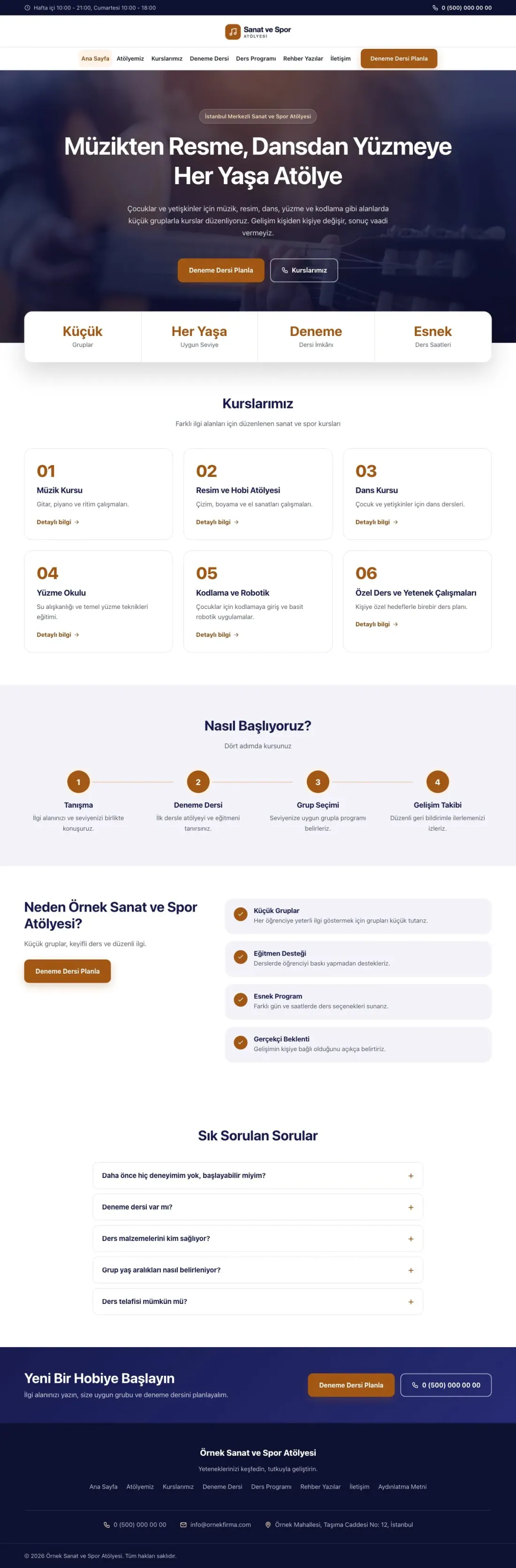 Merkez Lacivert Turuncu – Spor ve Sanat Kursu Web Sitesi ana sayfa görünümü