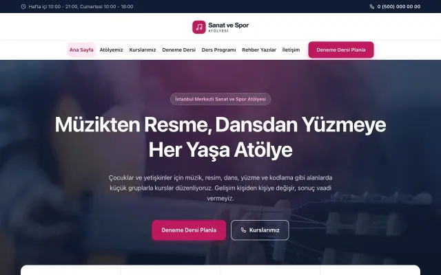 Merkez Mavi Pembe – Spor ve Sanat Kursu Web Sitesi ana sayfa görünümü
