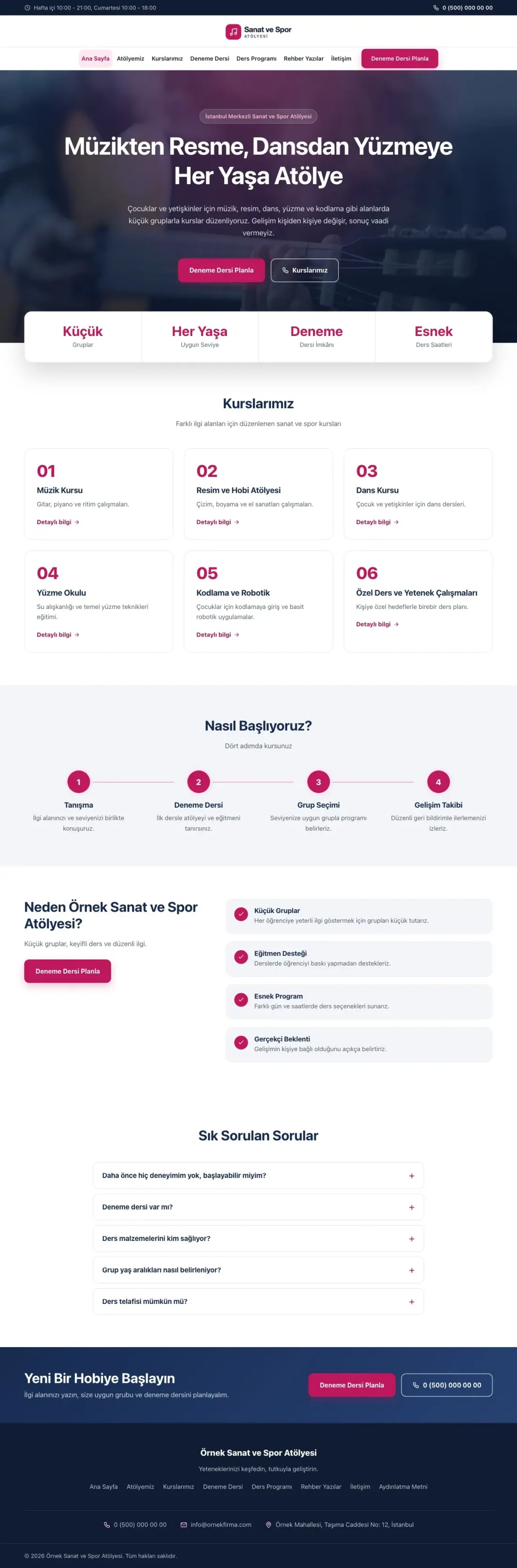 Merkez Mavi Pembe – Spor ve Sanat Kursu Web Sitesi ana sayfa görünümü