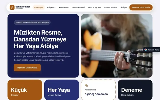 Spor ve Sanat Kursu için Mozaik Lacivert Turuncu – Spor ve Sanat Kursu Web Sitesi ana sayfa görünümü