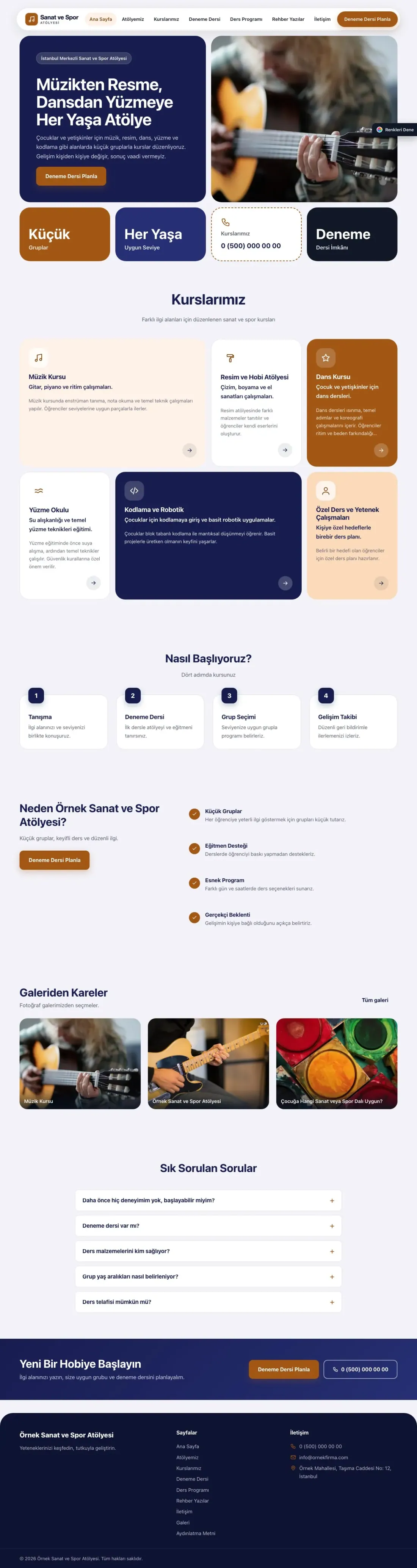 Spor ve Sanat Kursu için Mozaik Lacivert Turuncu – Spor ve Sanat Kursu Web Sitesi ana sayfa görünümü