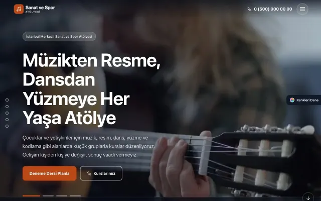 Spor ve Sanat Kursu için Tam Ekran Mavi Turuncu – Spor ve Sanat Kursu Web Sitesi ana sayfa görünümü