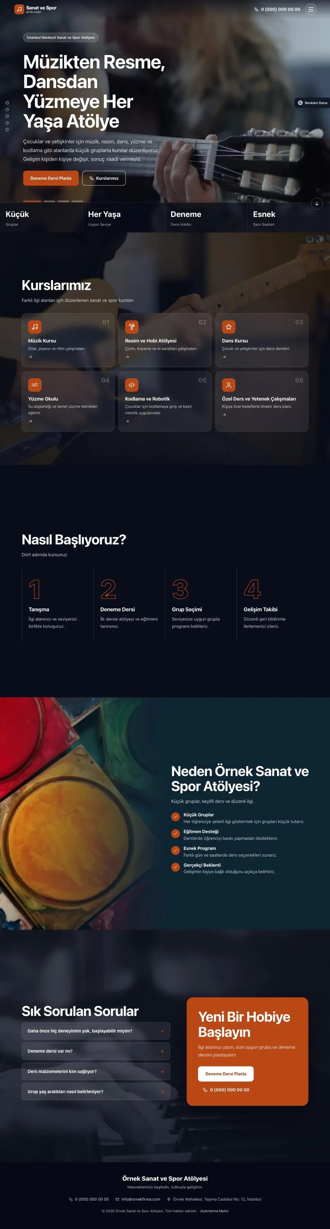 Spor ve Sanat Kursu için Tam Ekran Mavi Turuncu – Spor ve Sanat Kursu Web Sitesi ana sayfa görünümü
