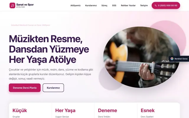 Spor ve Sanat Kursu için Tek Sayfa Mor Pembe – Spor ve Sanat Kursu Web Sitesi ana sayfa görünümü