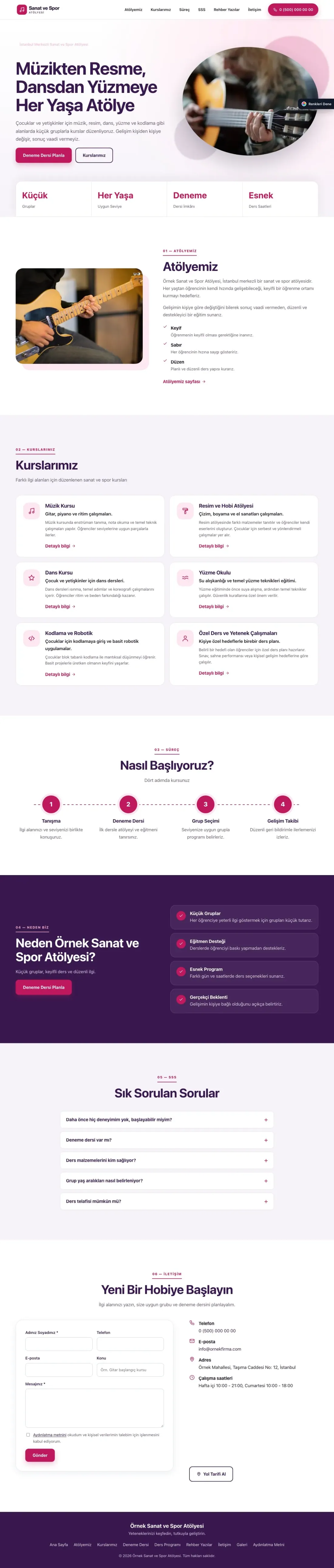 Spor ve Sanat Kursu için Tek Sayfa Mor Pembe – Spor ve Sanat Kursu Web Sitesi ana sayfa görünümü