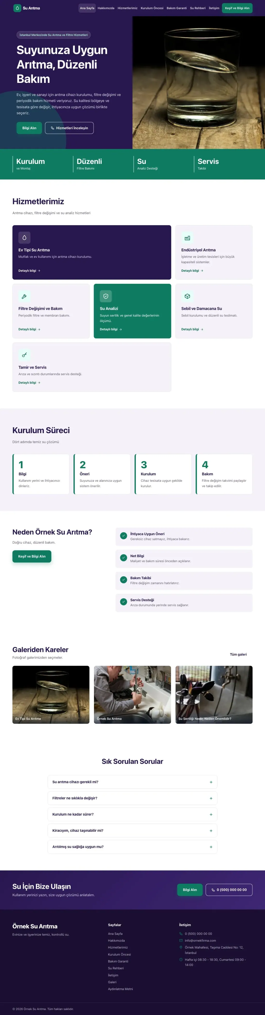 Su Arıtma için Blok Mor Turkuaz – Su Arıtma Web Sitesi ana sayfa görünümü