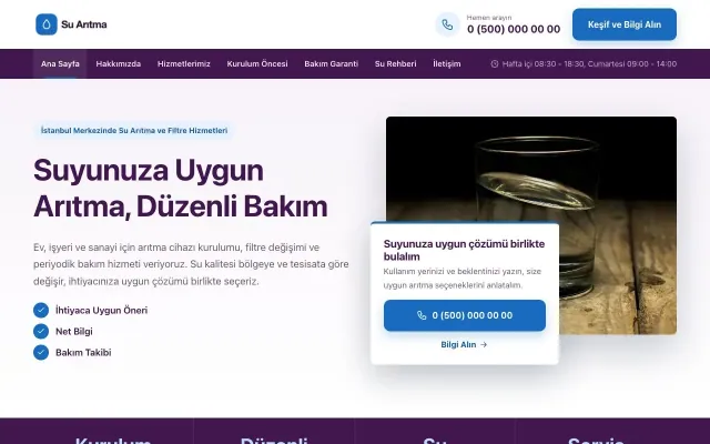 Su Arıtma için Bölünmüş Mor Mavi – Su Arıtma Web Sitesi ana sayfa görünümü