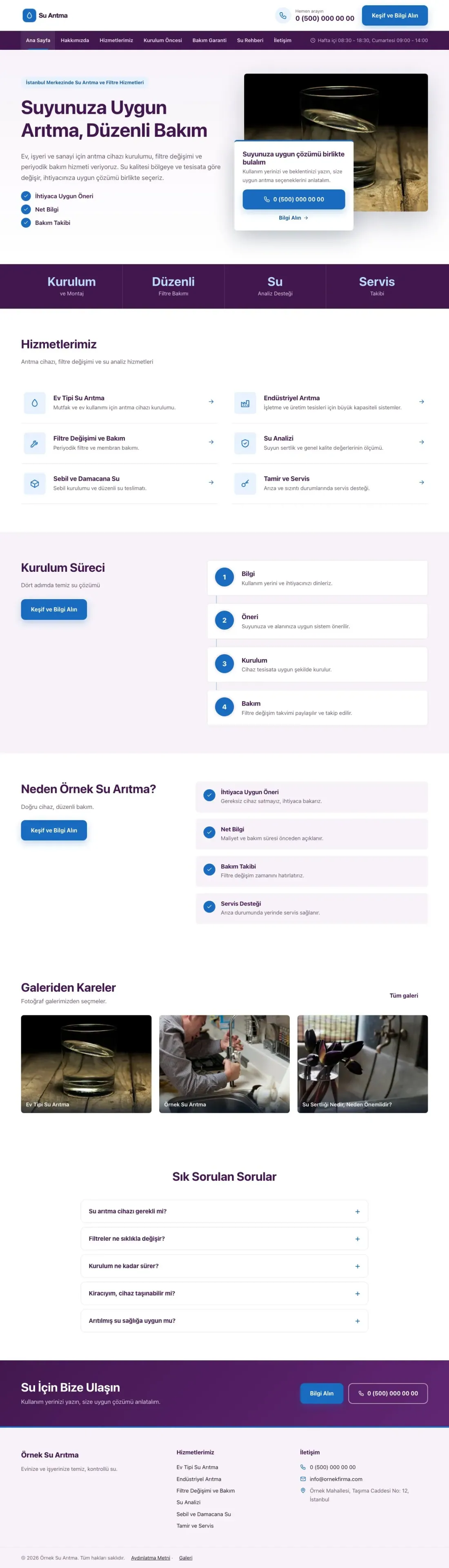Su Arıtma için Bölünmüş Mor Mavi – Su Arıtma Web Sitesi ana sayfa görünümü