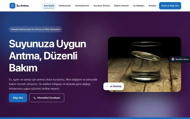 Su Arıtma için Hareketli Mor Mavi – Su Arıtma Web Sitesi ana sayfa görünümü