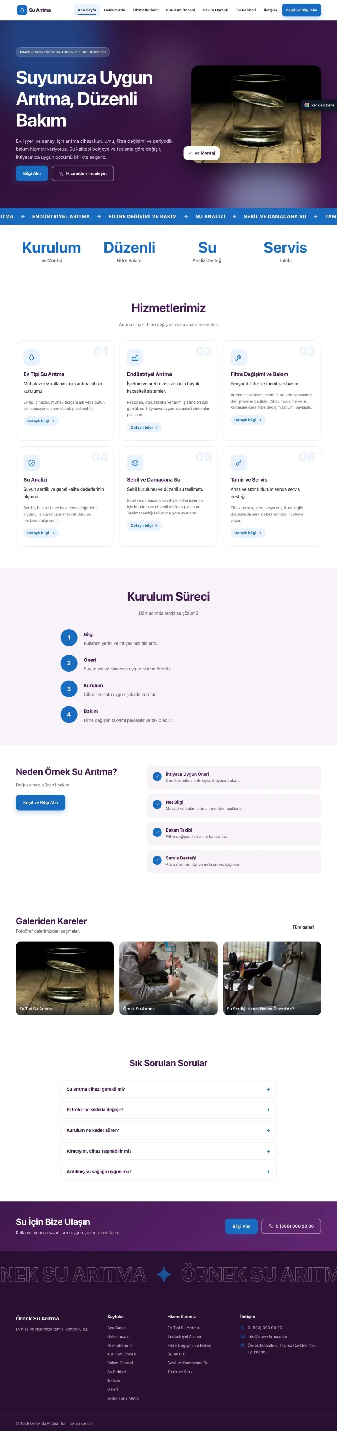 Su Arıtma için Hareketli Mor Mavi – Su Arıtma Web Sitesi ana sayfa görünümü