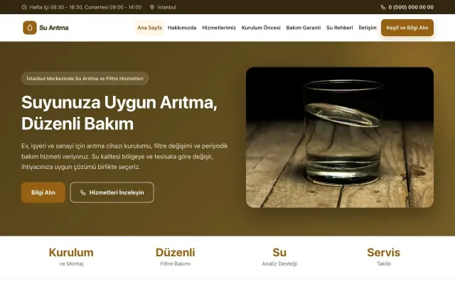 Su Arıtma için Klasik Kahve Turuncu – Su Arıtma Web Sitesi ana sayfa görünümü