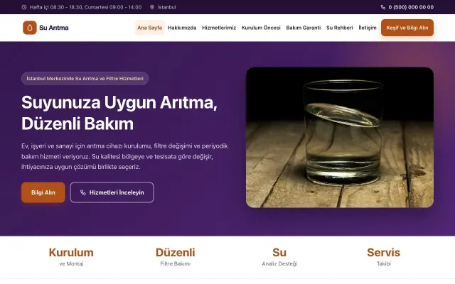 Su Arıtma için Klasik Mor Turuncu – Su Arıtma Web Sitesi ana sayfa görünümü