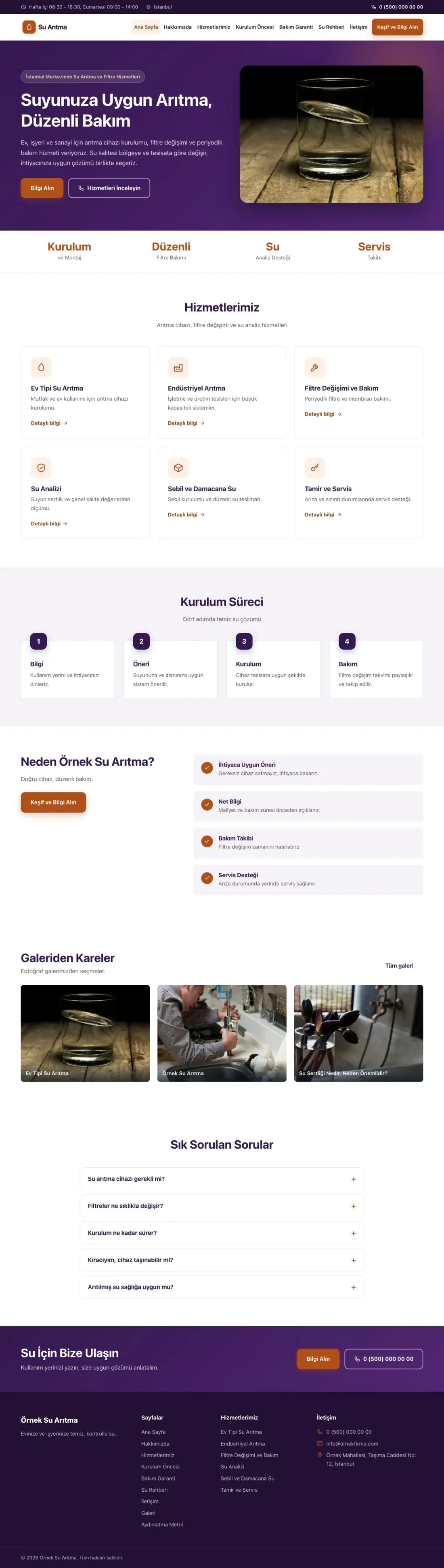 Su Arıtma için Klasik Mor Turuncu – Su Arıtma Web Sitesi ana sayfa görünümü